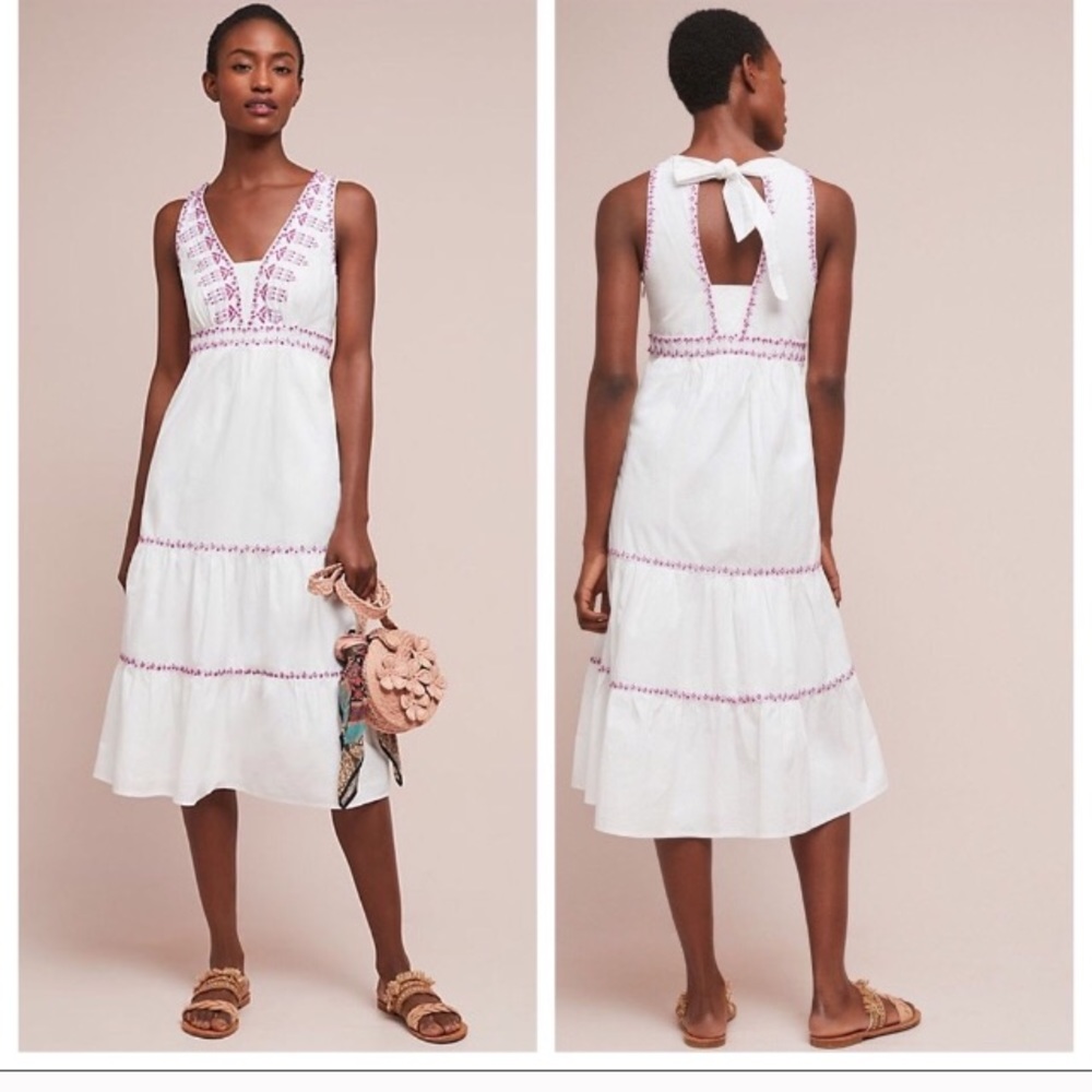 Anthropologie Selena Embroidered Swing Dress White